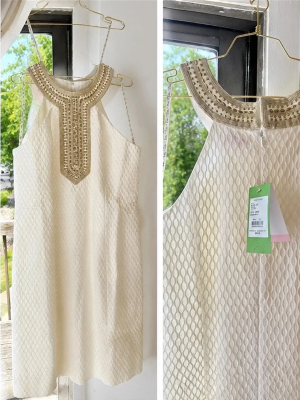 Lilly Pulitzer Cream Textured Shift Dress with Gold Embellished Neckline - Picture 4 of 16
